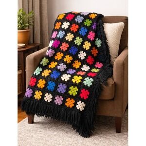 Crochet Granny Square Blanket Multi Color Fringe Boho Throw 60"x63" Vintage
